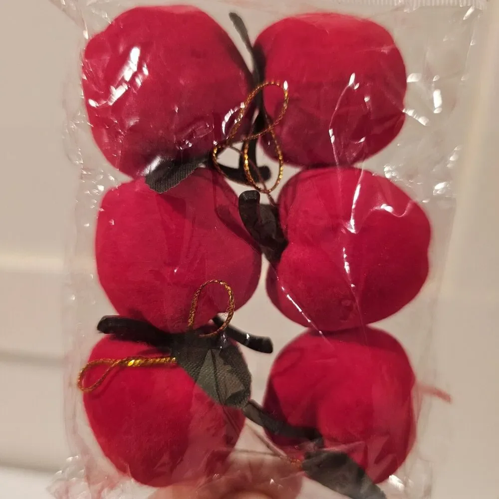 6 Vintage Ornaments Flocked Felt Red Apples Christmas Mid Century Cottage Core